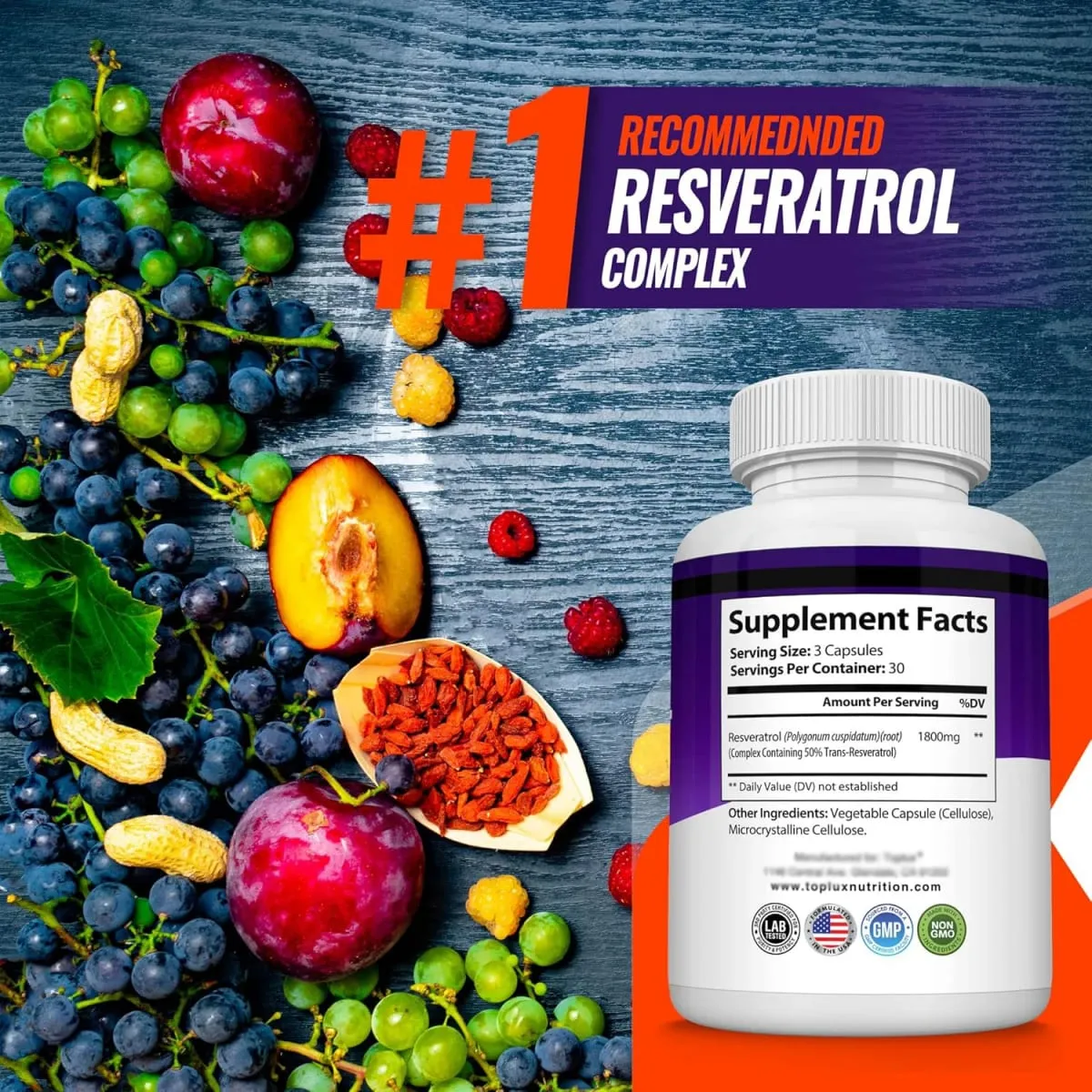 Resveratrol Complex Supplement 1800mg Antioxidant Pills for Healthy Aging Overall Health Immune System Brain Function 90 Caps — image 5