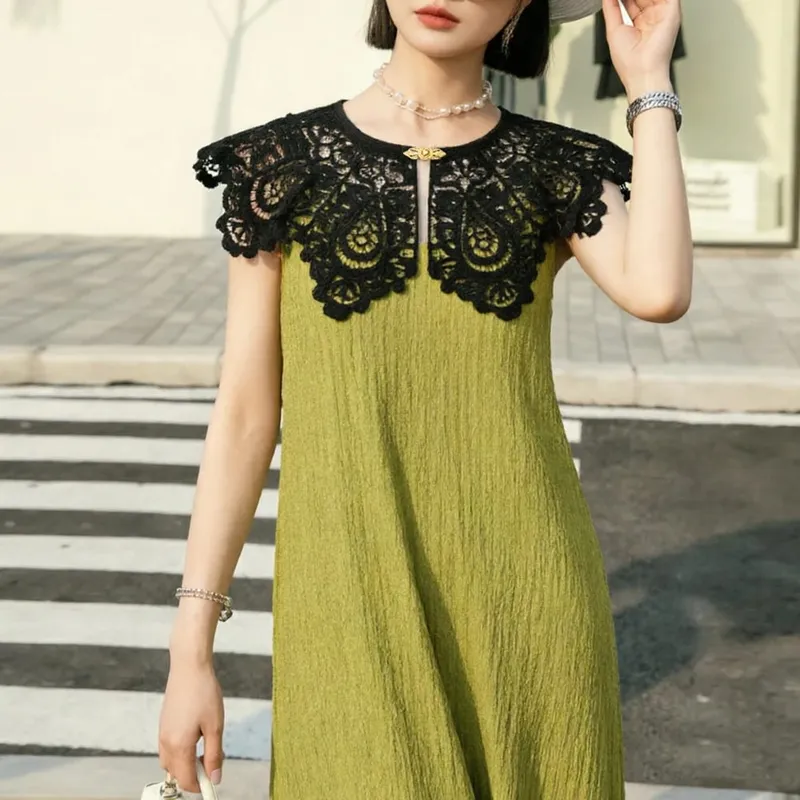 Pleated Sleeveless Elastic Long Dresses Women Vintage Palace Style Womens Black White Doll Fake Collar Soft Midi Dress Clothing — image 13