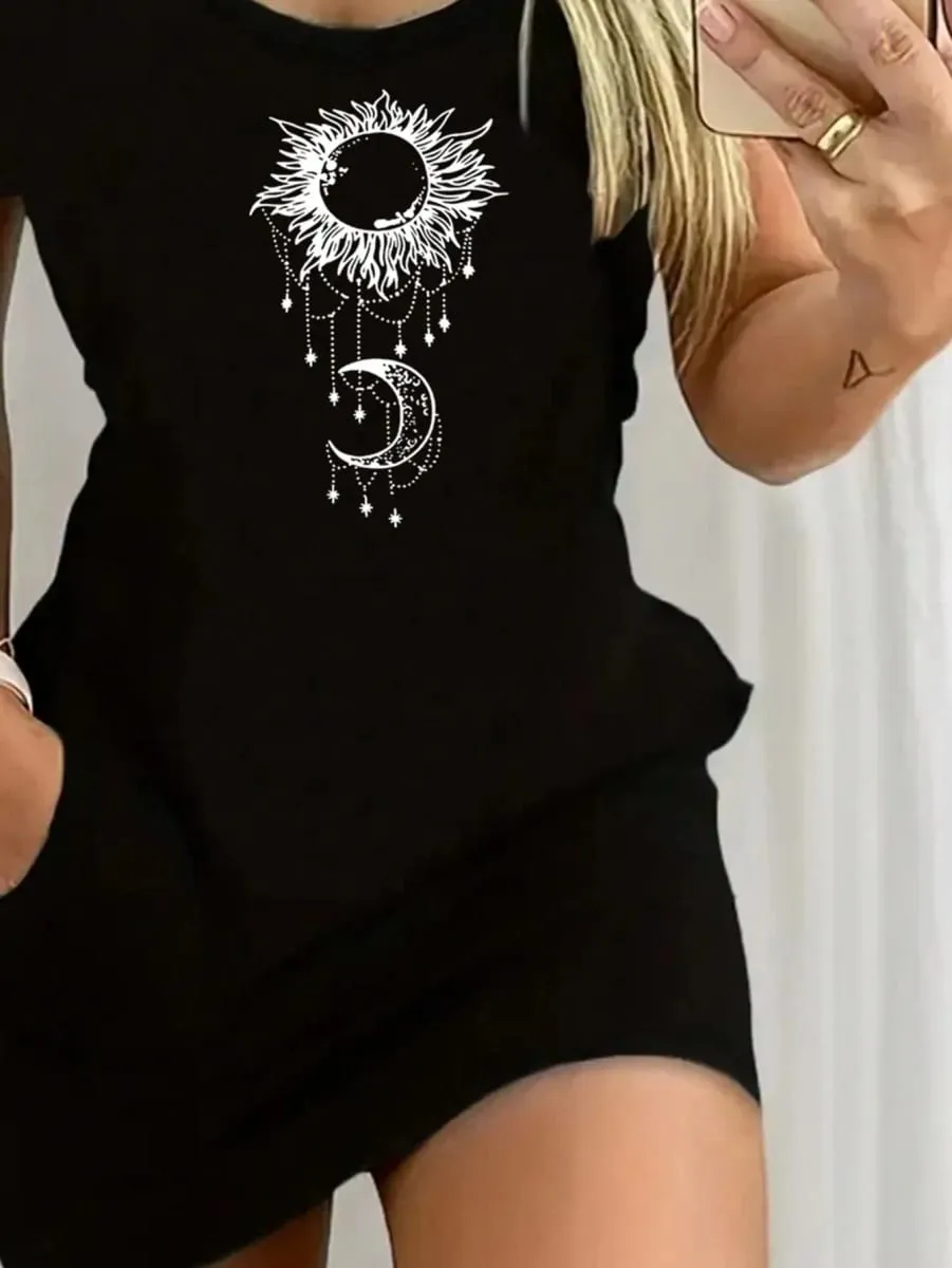 2026 Women's Casual Elegant Style Sun Moon Pattern Solid Color Round Neck Short Sleeve Women's Sexy Dress Short Skirt — image 4