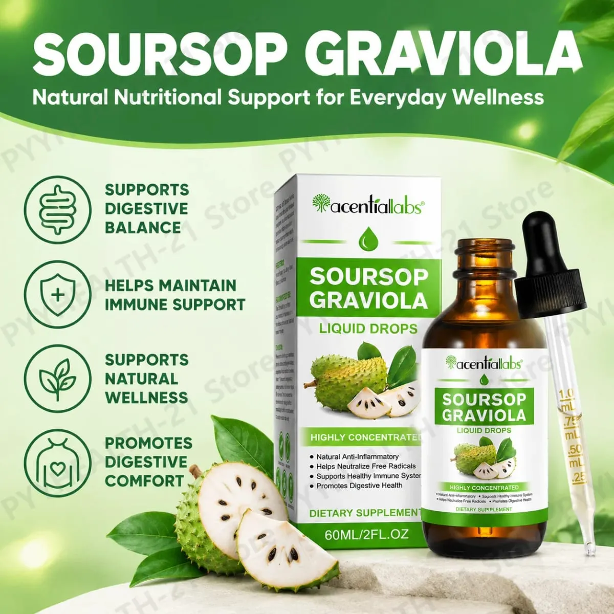 AcentiLabs Soursop Graviola Liquid Drops Vitamin C Supports Digestive Health Immune System Free Radical Defense 60ml for Adults