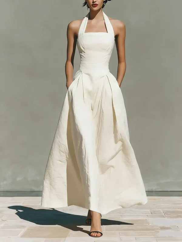 2026 Women's Spring and Summer Neck-Hanging Linen-Style Leisure Fashion Fitting Pocket Dresses — image 7
