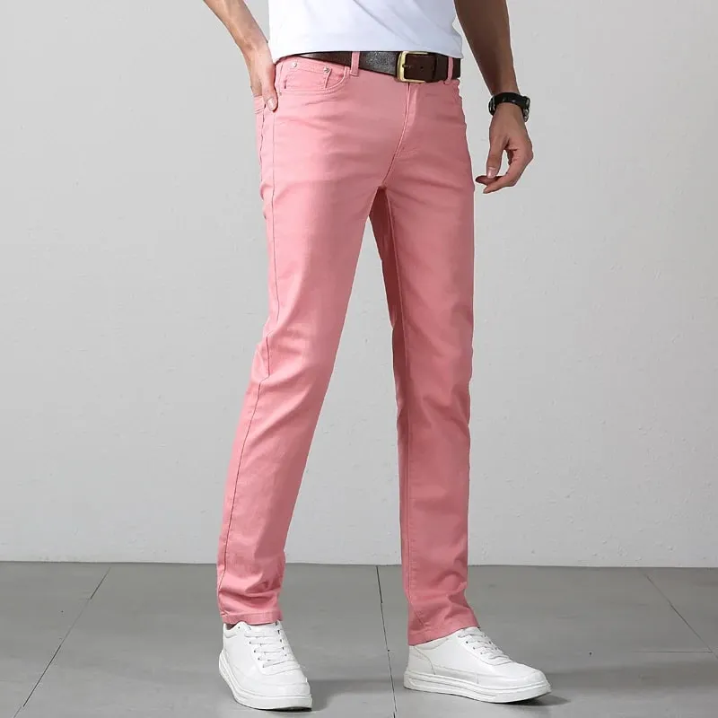 Elastic Cotton Slim Jeans Men Spring Korean Fashion Comfortable Casual Straight Leg Business Denim Trousers Yellow Pink Red — image 5