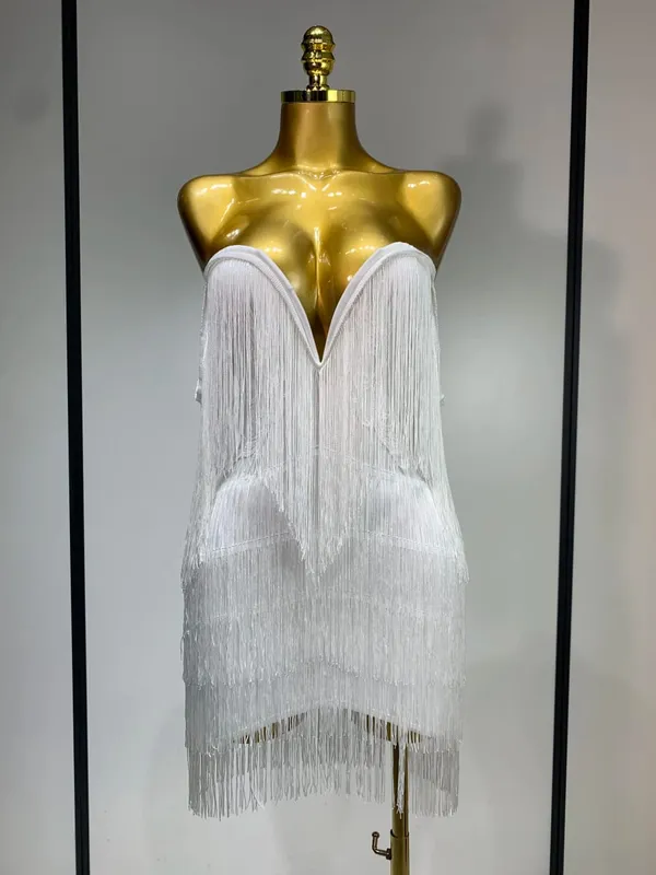 Wanita Seksi Strapless Rumbai Off Bahu Pembalut Pakaian Kelab Mewah Pesta Malam Selebriti Mini Bodycon Gaun Ulang Tahun Vestido — image 8