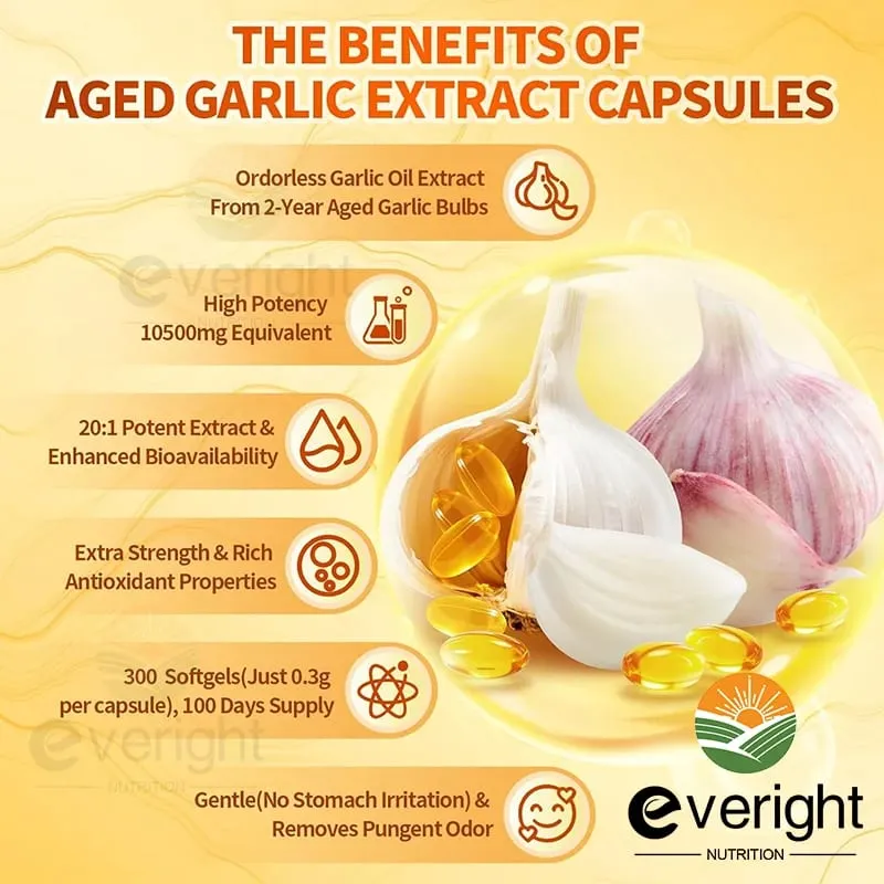 Aged Garlic Extract Capsules Odorless with Magnesium Chromium B1 & B9 Support Immune Heart Cardiovascular Health Supplement