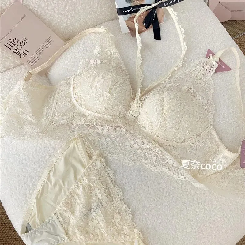 French Lace Wide Strap Thick Top Inner Lace Layer No Underwire Bra Set Petite Women Small Bust Comfort Lingerie Set 32-38 S-XL — image 6