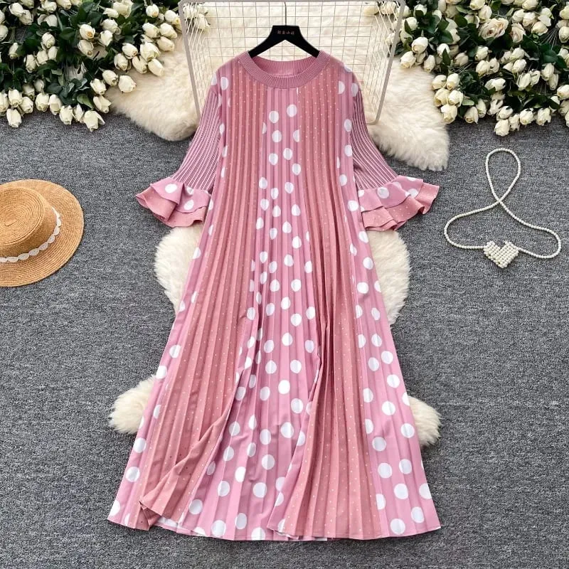 Miyake Pleated Polka Dot Dresses 2026 Summer Flared Sleeves Round Neck Fashion Pleated Long Dress Women Draped Elastic Clothing — image 5