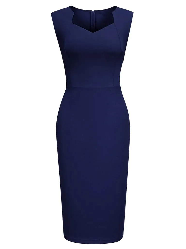 ผู้หญิง Elegant Square คอแขนกุด Vintage Slim Work Office ค็อกเทลปาร์ตี้ธุรกิจ Casual Sheath Bodycon ชุดดินสอ