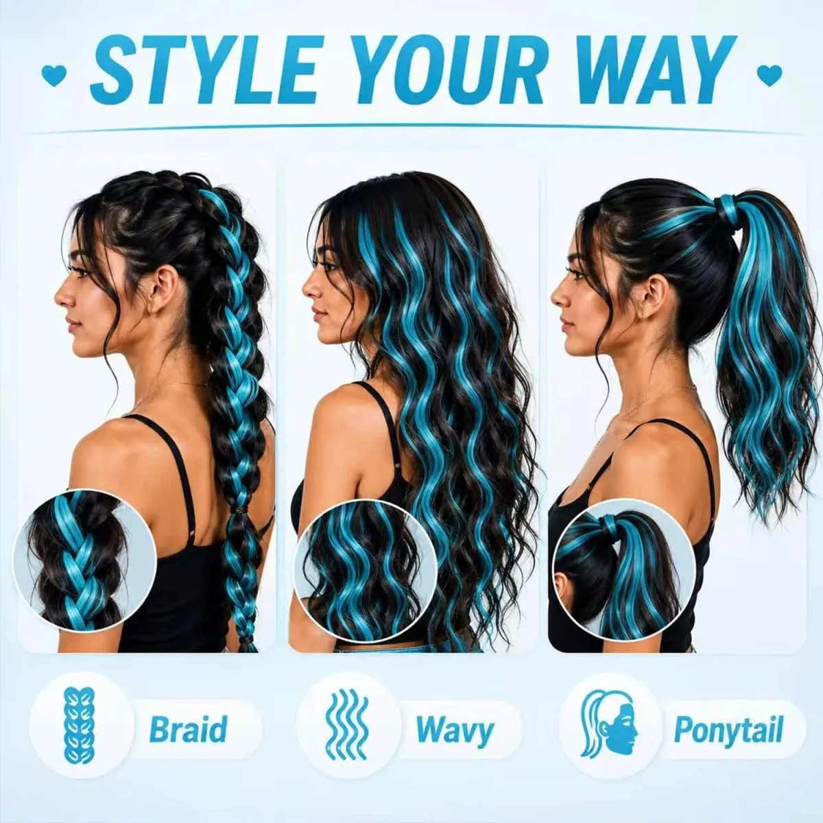 Colored Hair Extensions Clip in Teal Blue 5/10 Pieces Synthetic — image 3