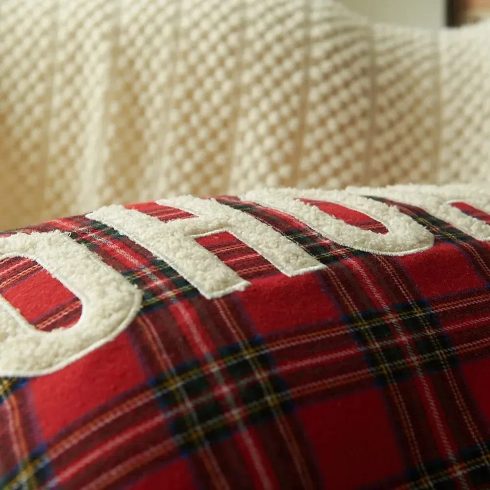 New Christmas Plaid Print Letter Embroidery Cushion Cover Decorative Throw Pillow Case for Sofa