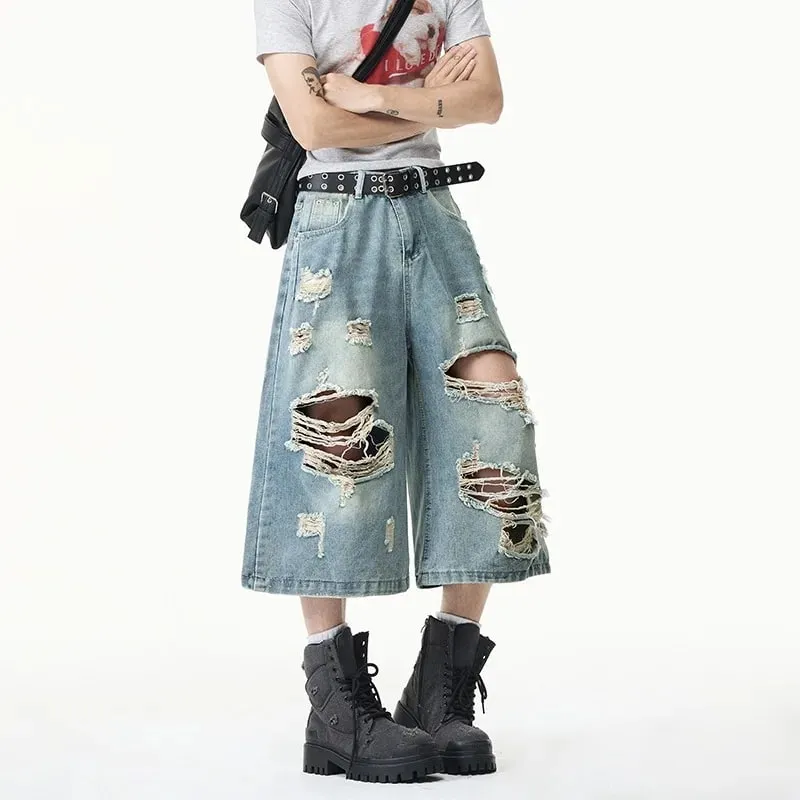 Summer Trendy Men Jeans Ripped Loose Casual Man Pants Artistic Design Cropped Long Denim Trousers — image 4