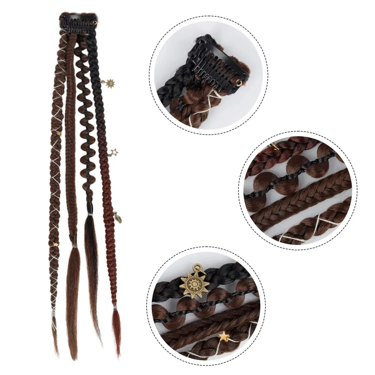 Clip in Braided Hair Extensions for Women Boho Dreadlock Clip in Braids with Beads 2pcs Handmade Synthetic Braided Hairpieces