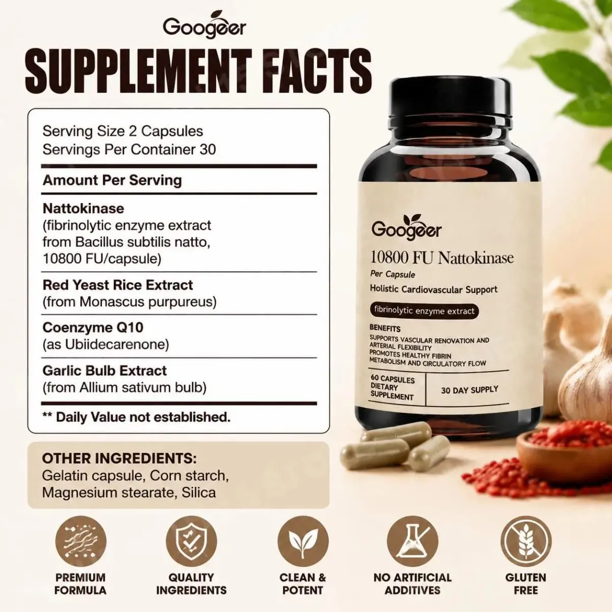 Googeer Advanced Enzyme CoQ10 Formula Capsules Clean Vegan Non GMO Daily Wellness Support Supplement 60 Capsules Easy Use