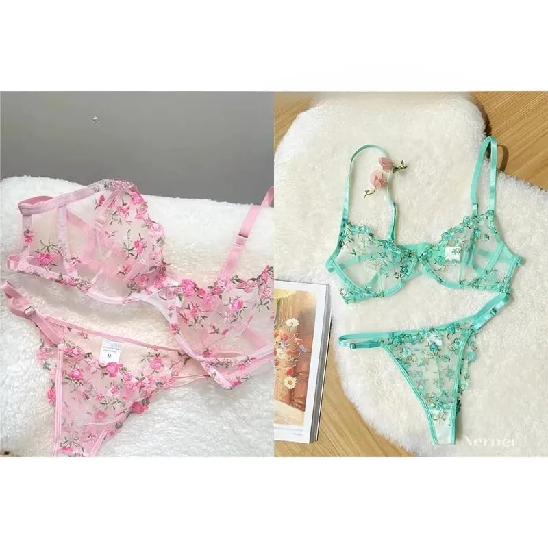 Transparent Floral Lace Embroidery Bra Set Summer Thin Minimizer Underwear Soft Breathable Full Bust Female Home Daily Wear S-XL