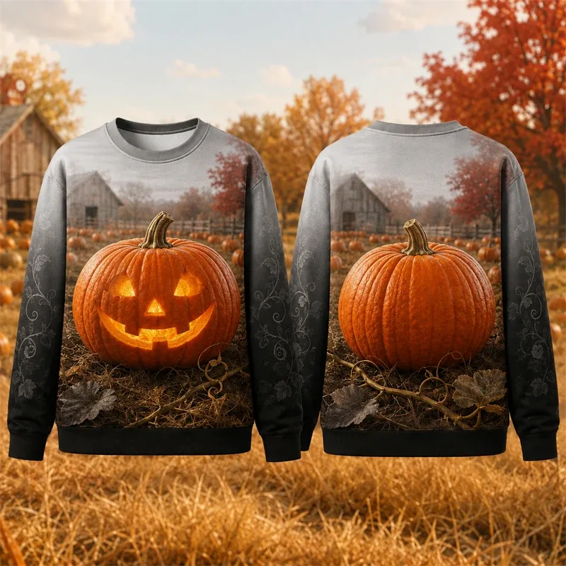 Autumn Winter Halloween Men Sweatshirt 3d Print Vintage Farm Pumpkin Lantern Pullover Sweatshirt Thanksgiving Party Unisex Top