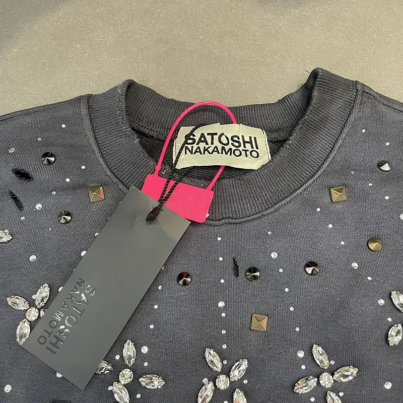 26FW Heavy Fabric Cotton Loose Rhinestone Rivet Satoshi Nakamoto Sweatshirts Men Women Vintage Charcoal Gray Green Pullovers