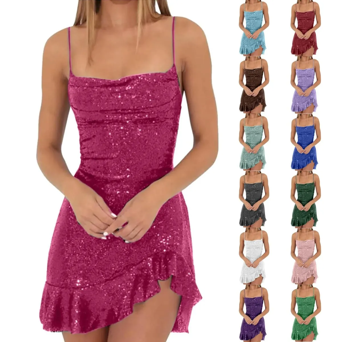 Sexy Pailletten-Damenkleider, einfarbig, rückenfrei, Spaghettiträger, ärmellos, Club-Party-Kleider, Damenkleid mit unregelmäßigem Rüschensaum