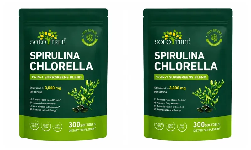 Gel Lembut Spirulina Chlorella Pokok Solo dengan Mikroalga Organik Vitamin B6 B12 Imbangan Penghadaman & Sokongan Imun 300 Gel Lembut