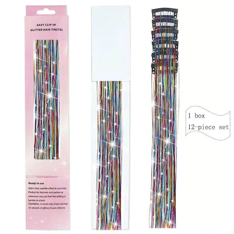 20 Inch Synthetic Hair Extensions -12 Piece Set of Colorful Glitter Hair Accessories Suitable for Girls' Party Birthday Gifts — image 9