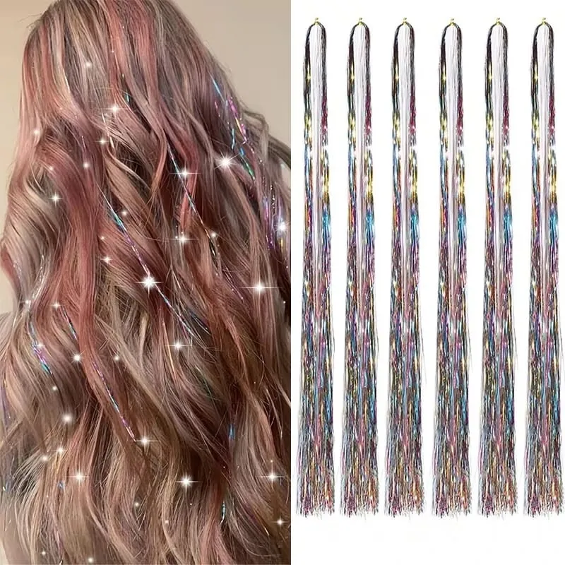 38Inch Tinsel Hair Extensions 6Pcs Sparkling Glitter Hair Synthetic Shiny Hair Accessories for Women Girls Party Cosplay