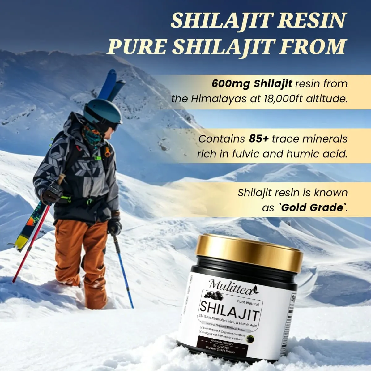 Mulittea High Purity Original Shilajit mineraltillskott med 85+ spårmineraler och fulvinsyra för människans energiuthållighet