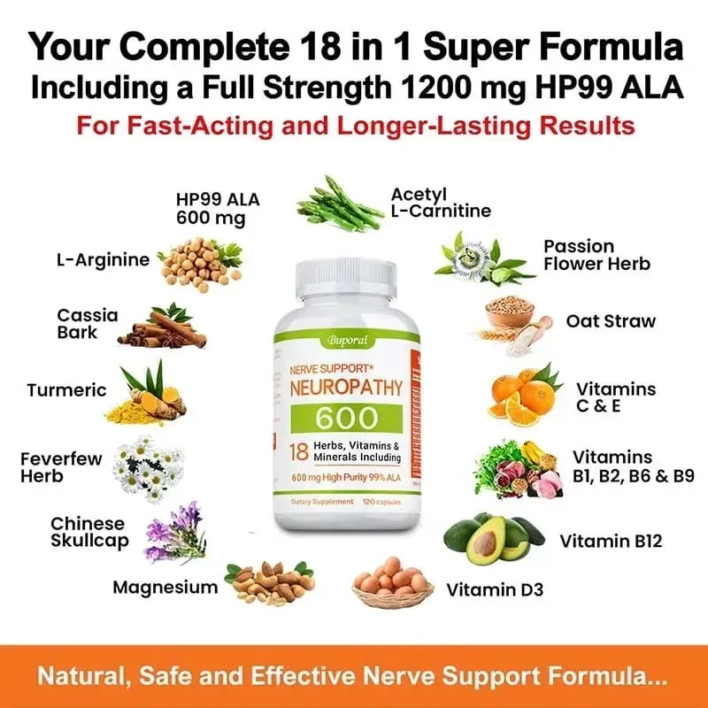 Neuropathy Support Supplement 600mg - Reduces Stress Promotes Nerve Health and Brain Function Cellular Energy Non-GMO