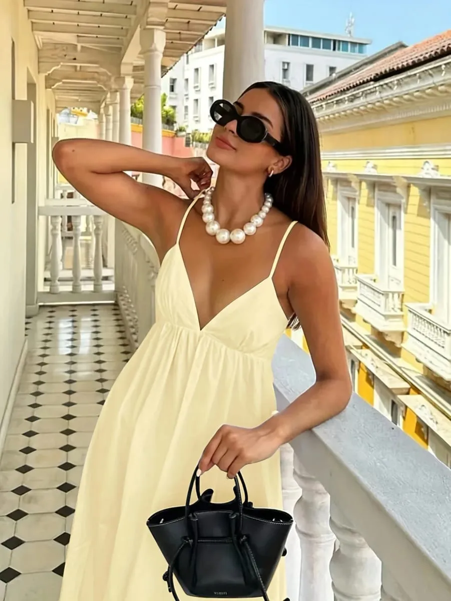 Women's Summer Vacation Solid Color Backless Thin Strap Dress