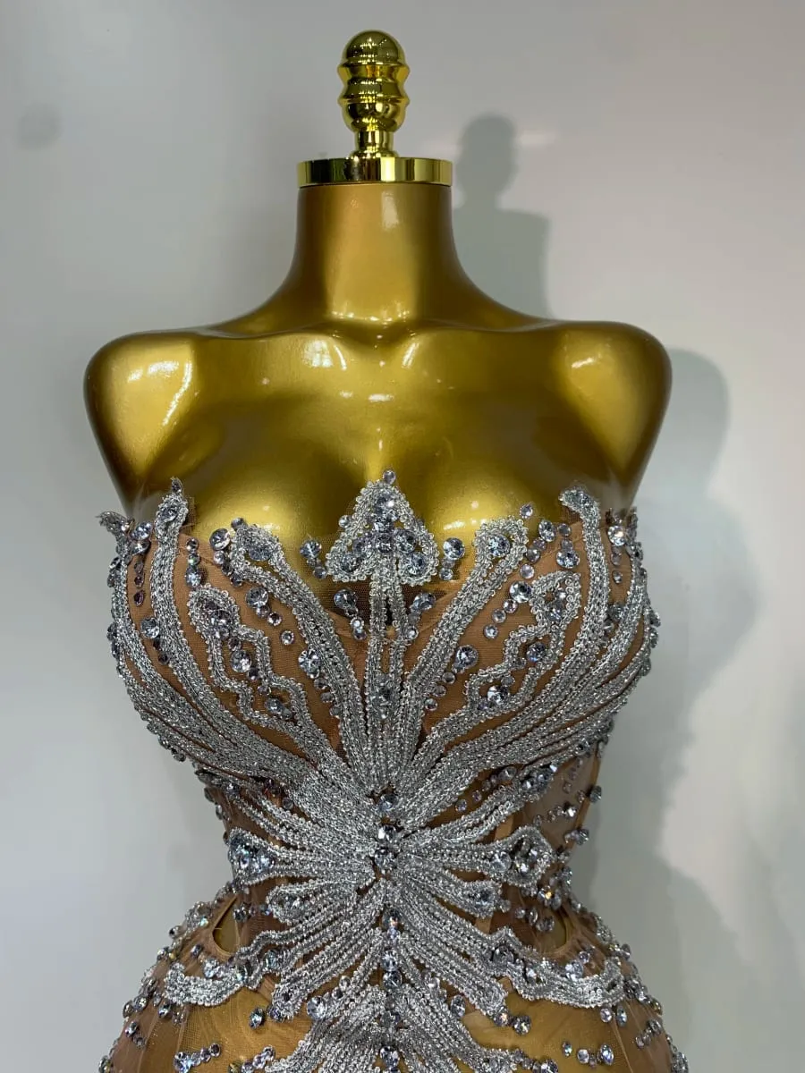 Women Sexy Strapless Rhinestones Mini Dress Performance Costume See Through Stage Dancer Club Evening Party Birthday Dress — image 5