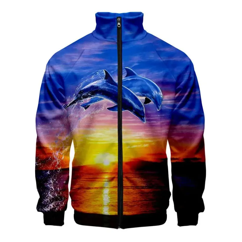Harajuku Popular Novelty dolphin 3D Print Zipper Raglan Jacket Windbreaker Boys/Girls Comfortable Stand Collar Jackets Coats