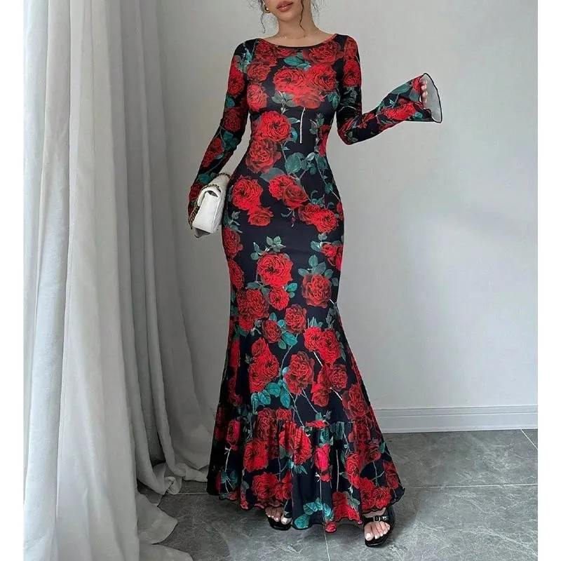 Elegant Rose Printed Maxi Dress O Neck Long Sleeves Bodycon Fishtail Dress Figure Slim Rose Floral Pattern Adds Charm Long Dress
