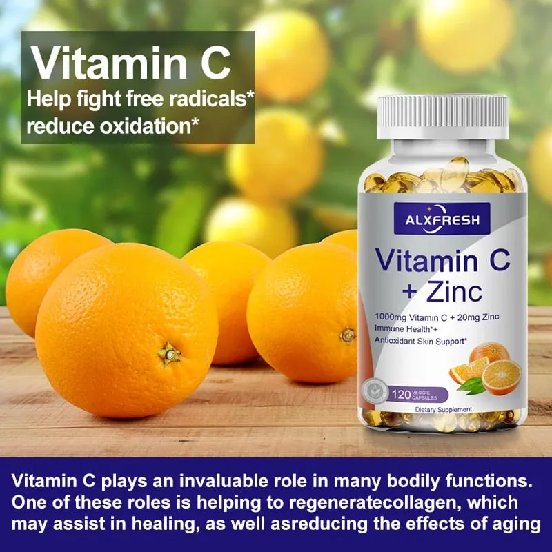 Alxfresh Vitamin C 1000 mg mit Zink 20 mg | Vitamin-Nahrungsergänzungsmittel | GVO-frei und glutenfrei, vegan | für Caps zur Immununterstützung