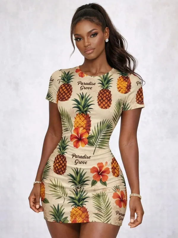 Womens Short Sleeve Bodycon Mini Dress Slim Fit Crew Neck Floral Print Casual Summer Party Cute Casual Holiday Clubwear Sundress — image 10