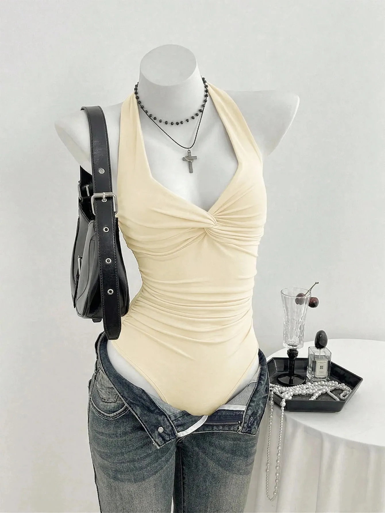 Women Halter Deep V Front Twist Knot Ruched Waist Bodysuit Solid Black Sleeveless Slim Fit Y2K Basic Jumpsuit Top
