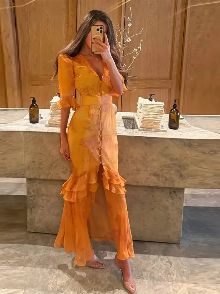 Elegant Ruffle Women's Long Dresses V Neck Half Sleeve Button Waist Cinching Pleated Dress 2026 Spring Lady Fashion Party Robes