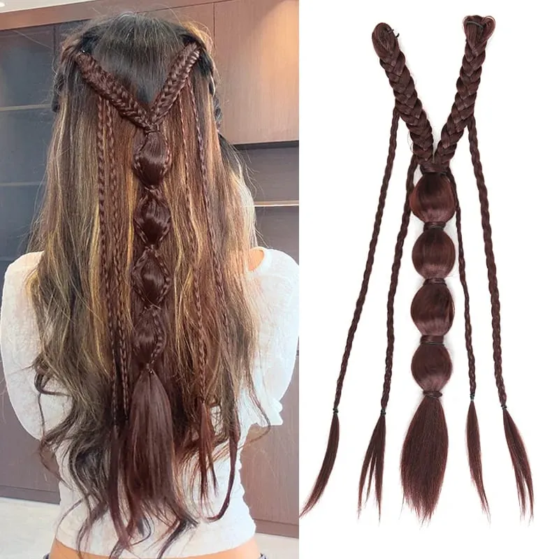 Clip in Braid Synthetic Hair Extensions Boho Festival Princess Braid Viking Renaissance Cosplay Wedding Hairpiece for Women — image 10