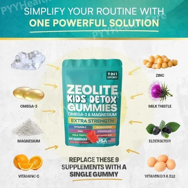 Zeolite Gummies 9-in-1 with Omega-3 Magnesium Elderberry Vitamin C Milk Thistle Vitamin D3 Zinc B12 (60 Gummies) — image 3