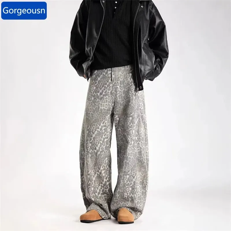 2026 New Vintage Distressed Leopard Printed Y2K Jeans Men's High Street Baggy Curved Denim Pants Hip Hop Fashion Punk Jean