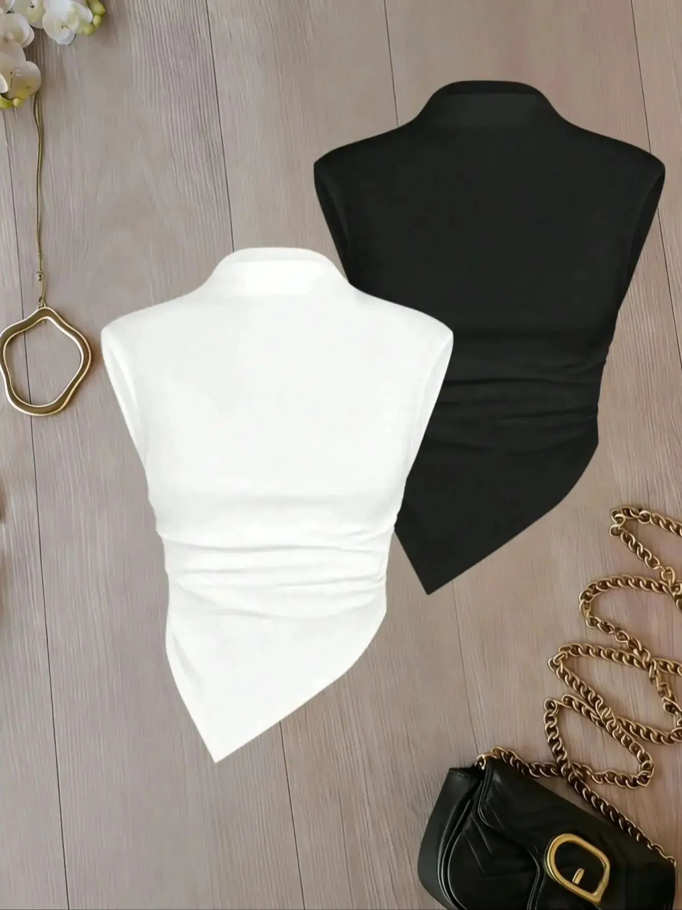 Women Mock Neck Sleeveless Ruched Asymmetrical Hem Crop Top 2 Pack Solid Color Cami Top Set