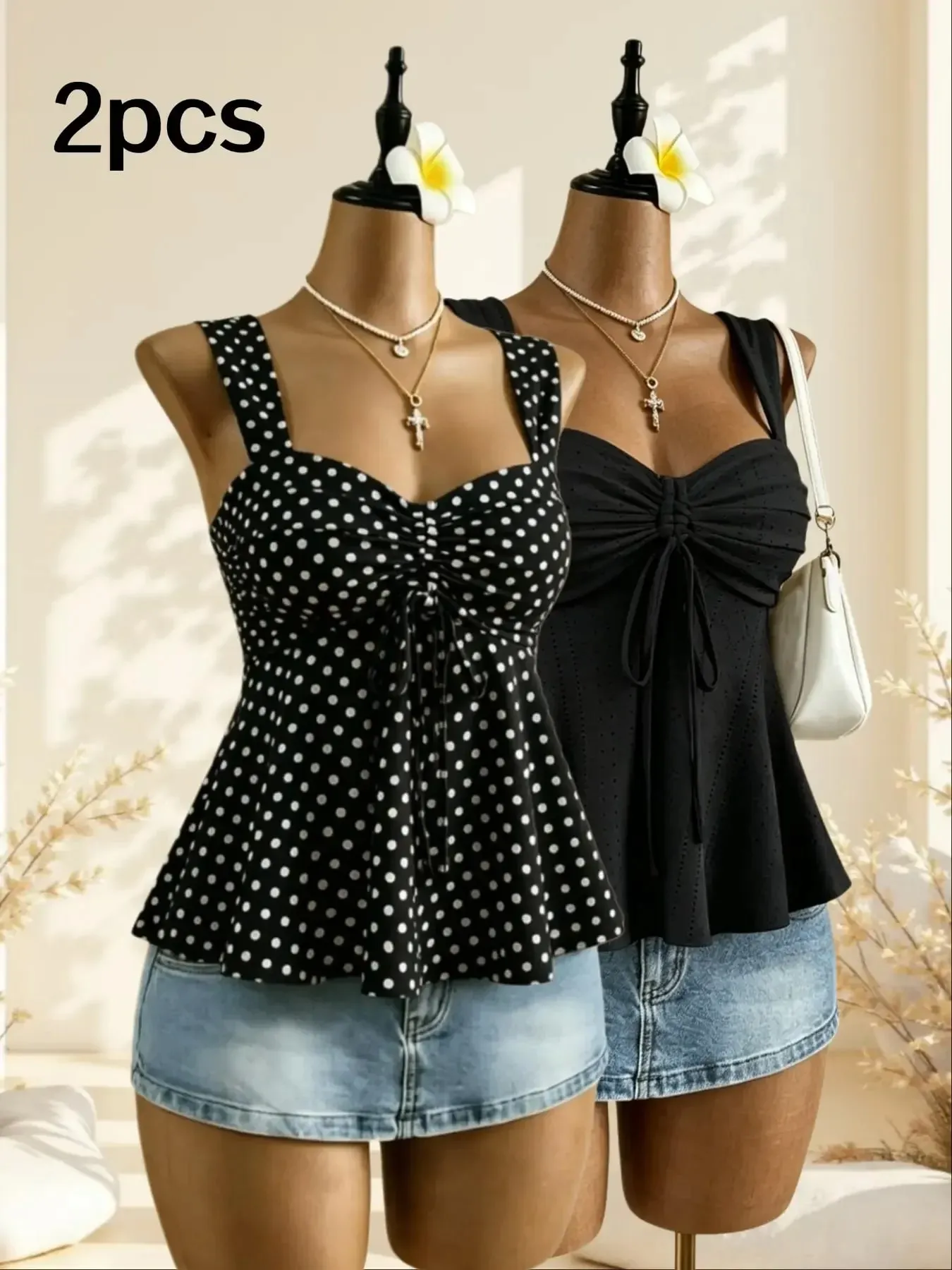 Women Sweetheart Neck Drawstring Ruched Peplum Cami Top Polka Dot Print Sleeveless Casual Camisole Outfit — image 12