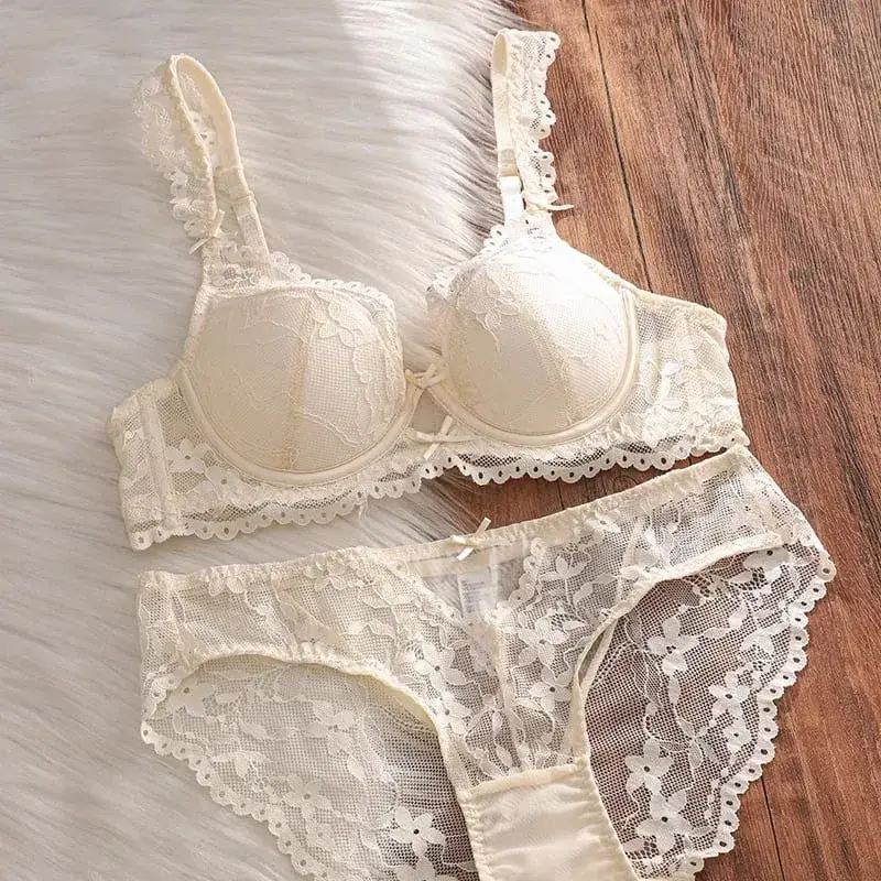 French Lace Lingerie Bra Set Underwire Thin Cup Side Support Anti Sagging Full Bust Friendly Women Underwear 32‑38AB