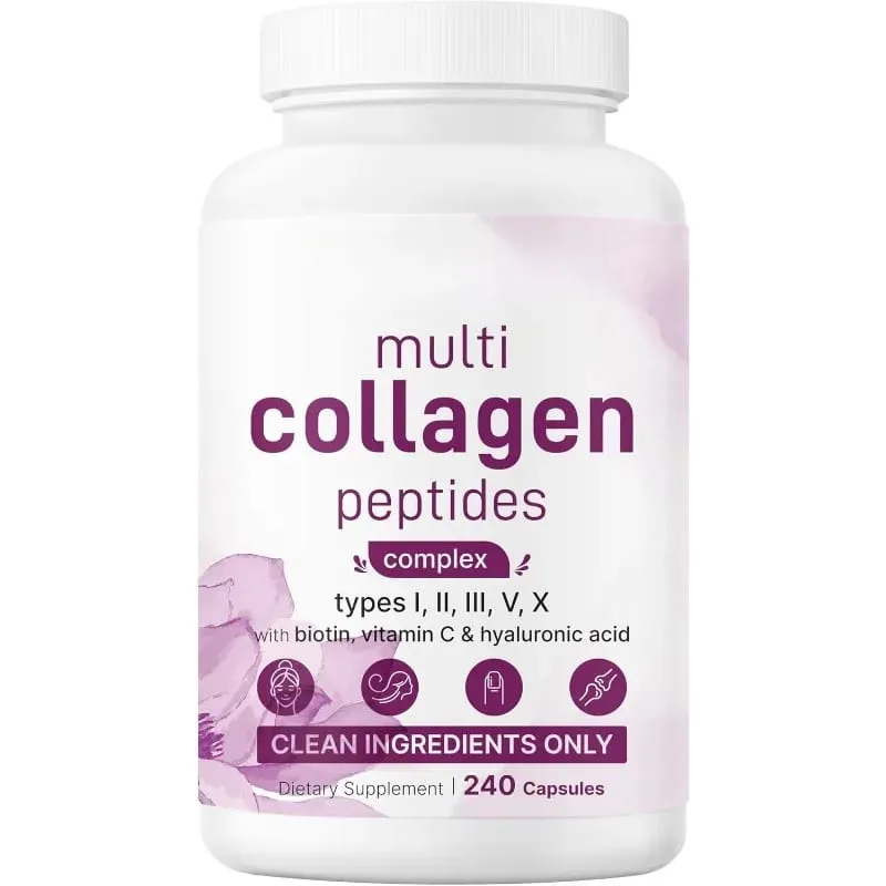 Multi Collagen Peptides Capsules with Biotin Vitamin C and Hyaluronic Acid Contains Eggs and Fish 240 Capsules