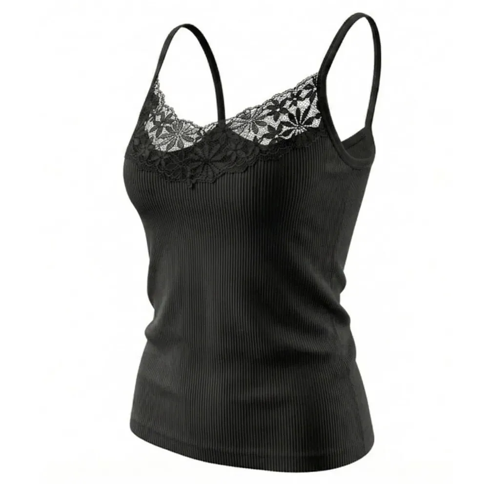 Solid Color Lace Tank Tops Ribbed Texture V Neck Design Ribbed Camisole Y2k Style Elastic Fabric Elastic Tank Tops For Women