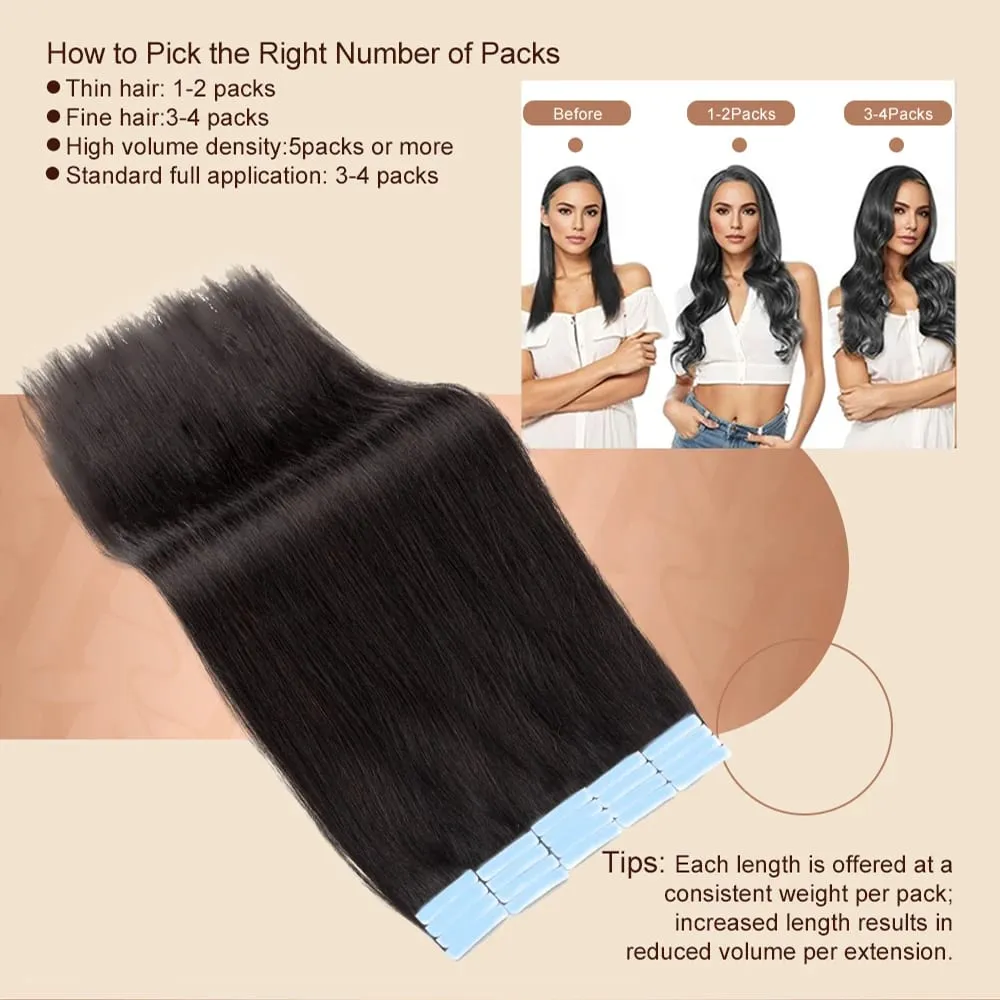 Straight Tape In Human Hair Extensions 16-26 inches 100% Natural Real Invisible Adhesive Tape ins For Women