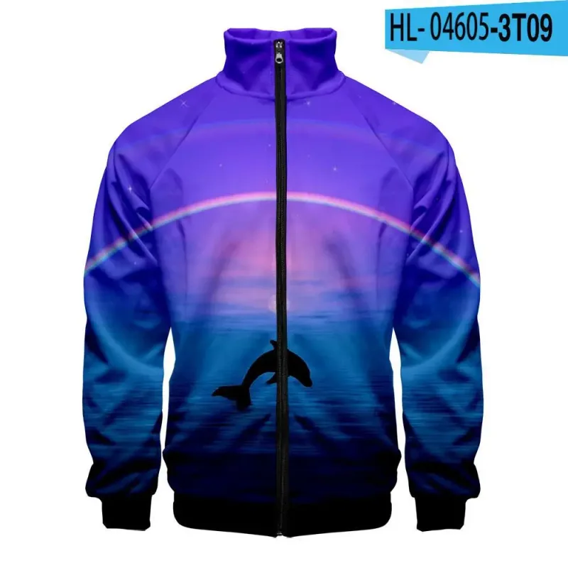 Harajuku Popular Novelty dolphin 3D Print Zipper Raglan Jacket Windbreaker Boys/Girls Comfortable Stand Collar Jackets Coats
