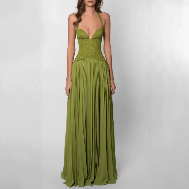 Vestido largo con cuello Halter y corsé de espina de pescado verde para mujer, Espalda descubierta, hombros descubiertos, diseño de telas combinadas con plisado, vestidos ajustados, vestido de fiesta de Navidad para mujer, nuevo — image 2