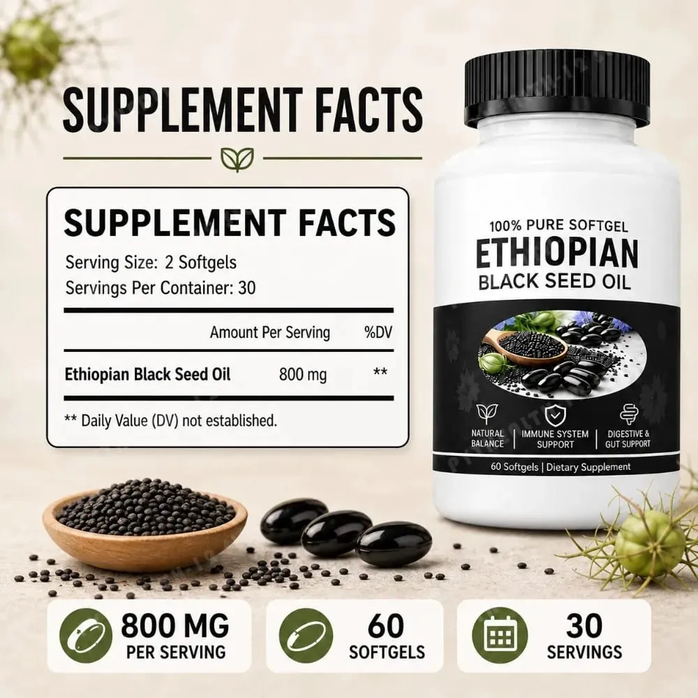 Ethiopian Black Seed Oil Softgels 800mg Cold Pressed Nigella Sativa Immune Digestive Gut Support Supplement 60 Count Non-GMO — image 3