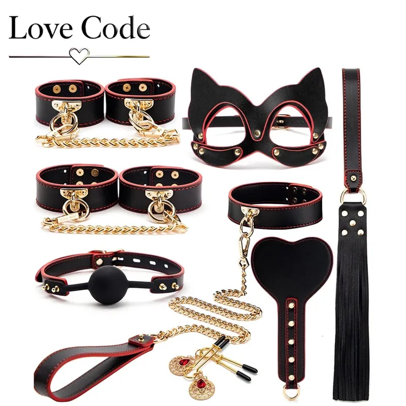 ของแท้หนัง BDSM Bondage ชุดของเล่นสำหรับคู่ Handcuff ข้อเท้า Cuffs COLLAR Gag Hogtie Restraints SM ชุดผู้ใหญ่รักเกม