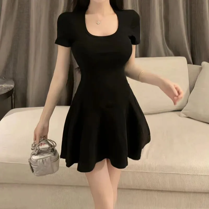 2026 Summer New Pure Sexy Square Neck Short Sleeve Dress Solid Color Slim Fit Stretchy Cute A Line Mini Dress Party Daily Wear — image 4