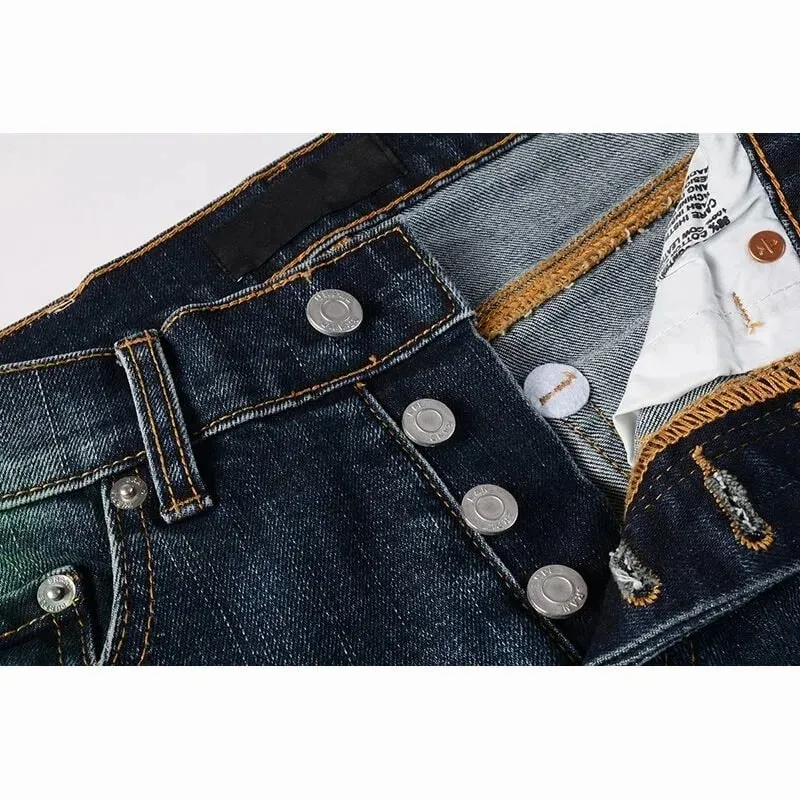 Calça jeans rasgada masculina, slim, vintage, desgastada, azul gradiente, verde, vermelho, respingos de tinta, botão fly high street, moda jeans