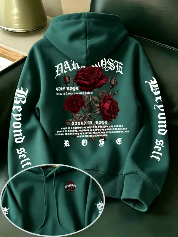 Men's Gothic Rose Hoodie Dark Red Rose Letter Graphic Back Sleeve Print Vintage Oversized Pullover Sweatshirt Streetwear Autumn — image 4