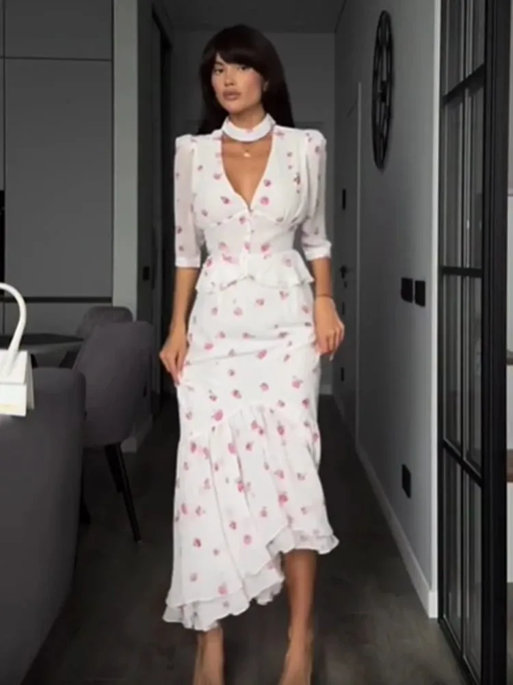 Women Elegant Printed V-neck Dress Chic Lapel Waist Cinched Pleated High Waisted Dresses 2026 Summer New Lady Vacation Gowns